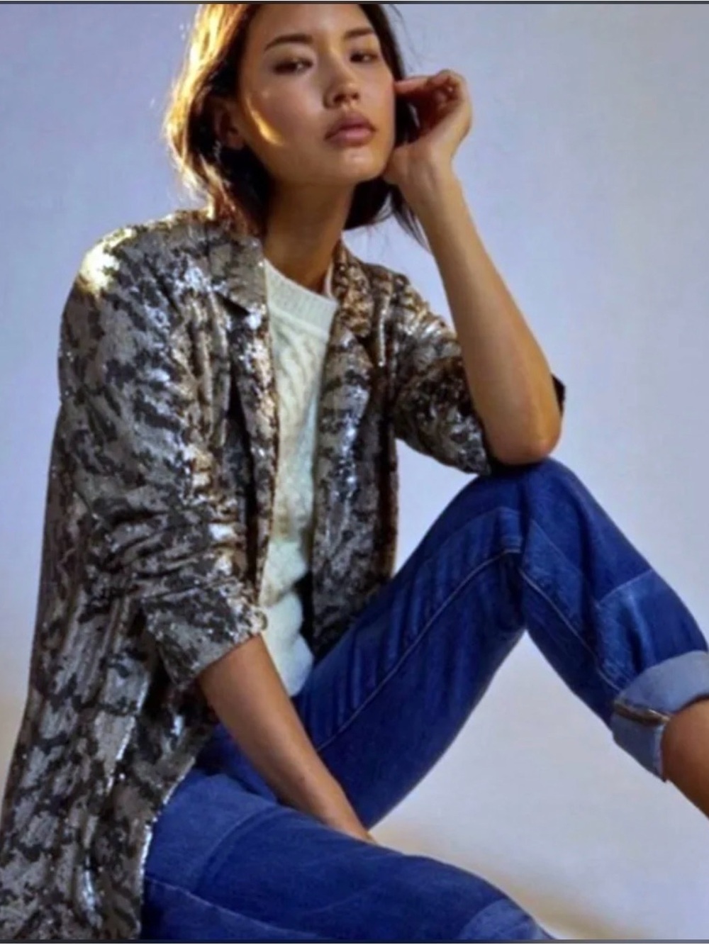 Anthropologie Maeve Sequined Blazer Jacket in Silver size medium